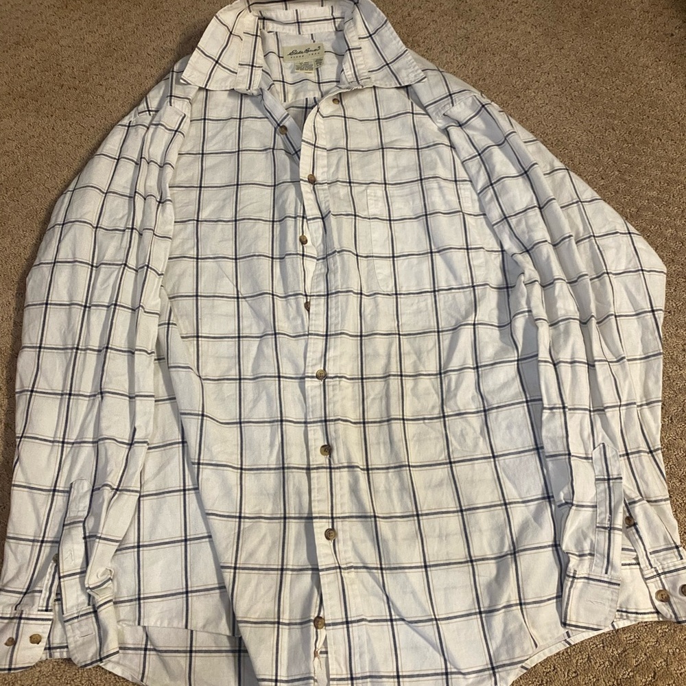 Men's Size Large Tall White Plaid Eddie Bauer Casual Button Down Shirt